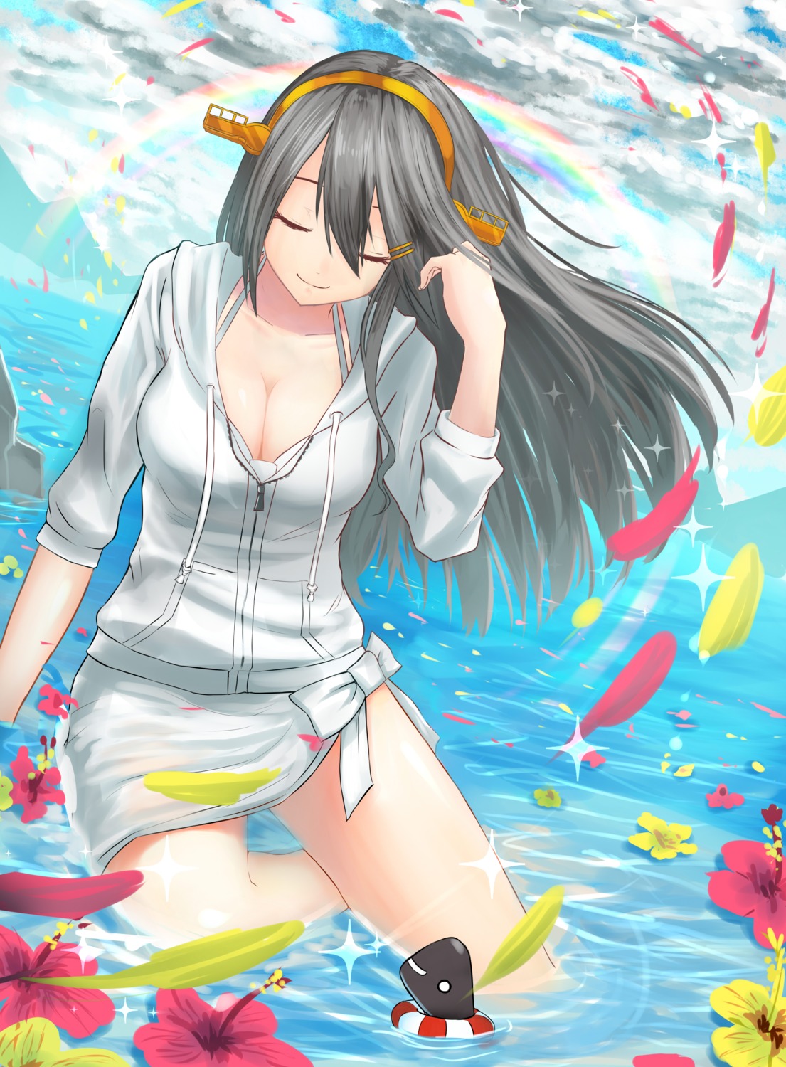 cleavage, harukana_(harukana_10), haruna_(kancolle), kantai_collection, see_through, wet, wet_clothes