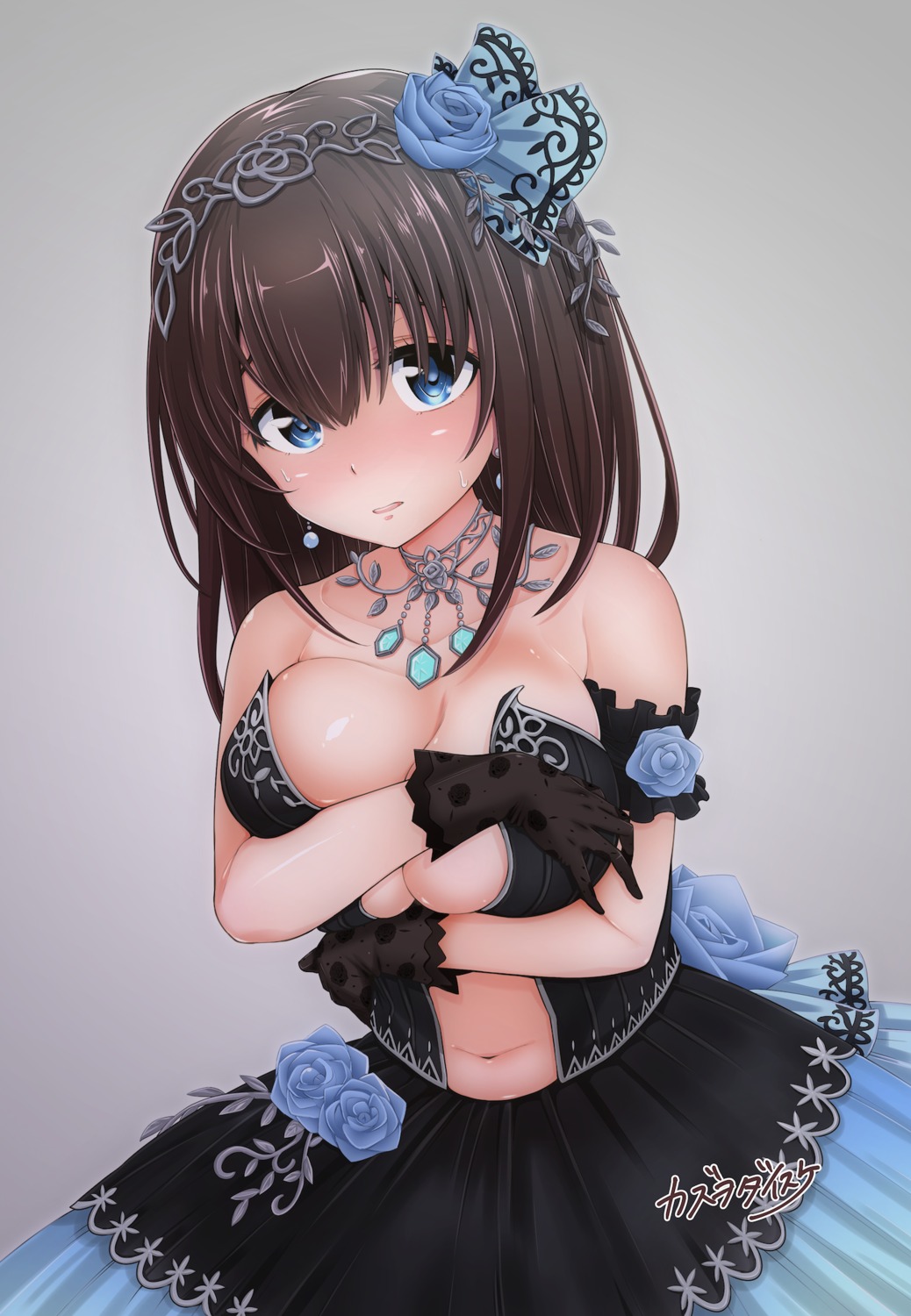 breast_hold, cleavage, dress, kazuwo_daisuke, no_bra, sagisawa_fumika, the_idolm@ster, the_idolm@ster_cinderella_girls, the_idolm@ster_cinderella_girls_starlight_stage