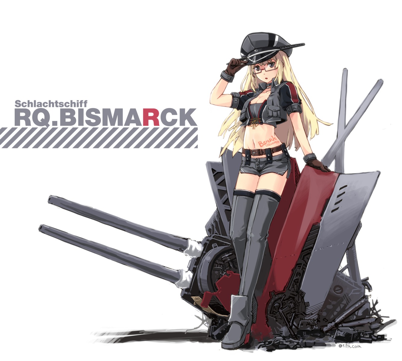 bismarck_(kancolle), cleavage, heels, kantai_collection, matsumae_takumi, megane, tattoo, thighhighs