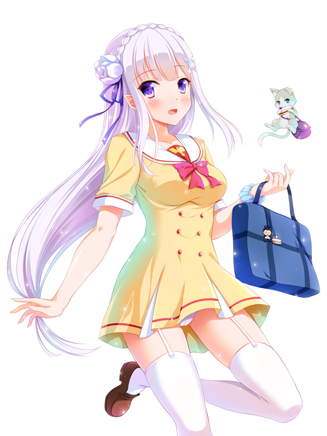 cameltoe, elf, emilia_(re_zero), neko, pack_(re_zero), pantsu, pointy_ears, re:zero_kara_hajimeru_isekai_seikatsu, seifuku, skirt_lift, stockings, thighhighs, yagami-all_hail_nanao