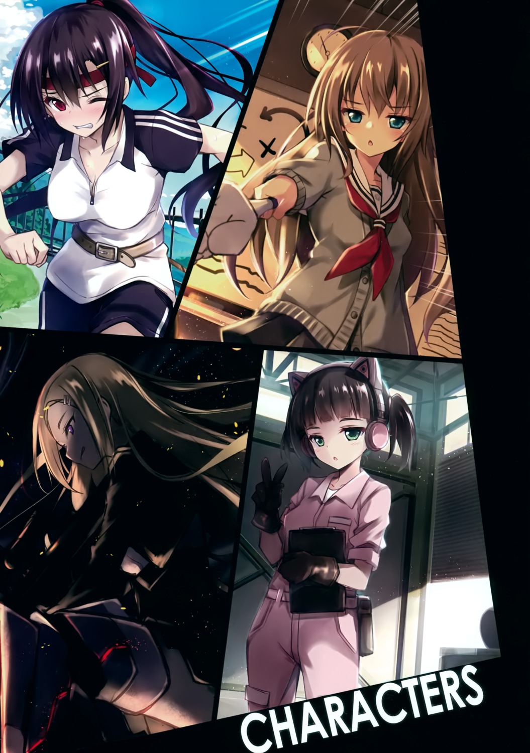 cleavage, gym_uniform, hayakawa_harui, headphones, hiiragi_noa_(valkyrie_impulse), miyazaki_kokoa, nohmi_serika, seifuku, shinonome_yuwa, sweater, thighhighs, valkyrie_impulse