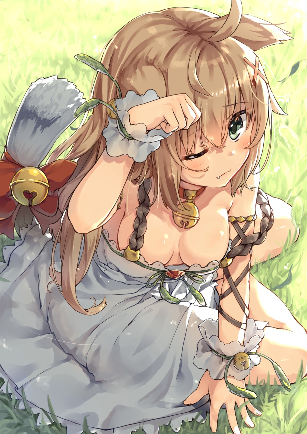 animal_ears, cleavage, dress, no_bra, ruma_imaginary, tail