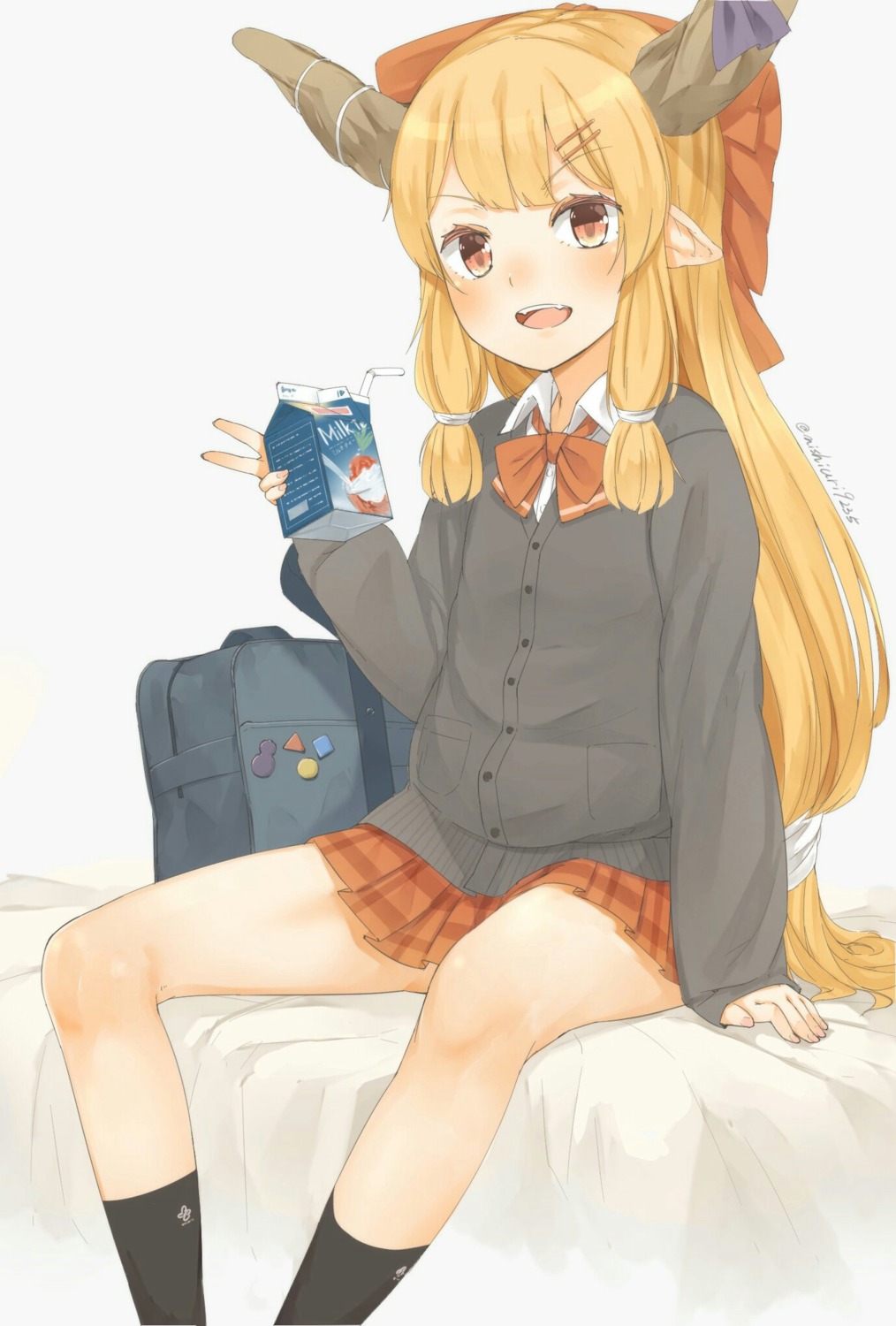 horns, ibuki_suika, nishiuri, pointy_ears, seifuku, sweater, touhou