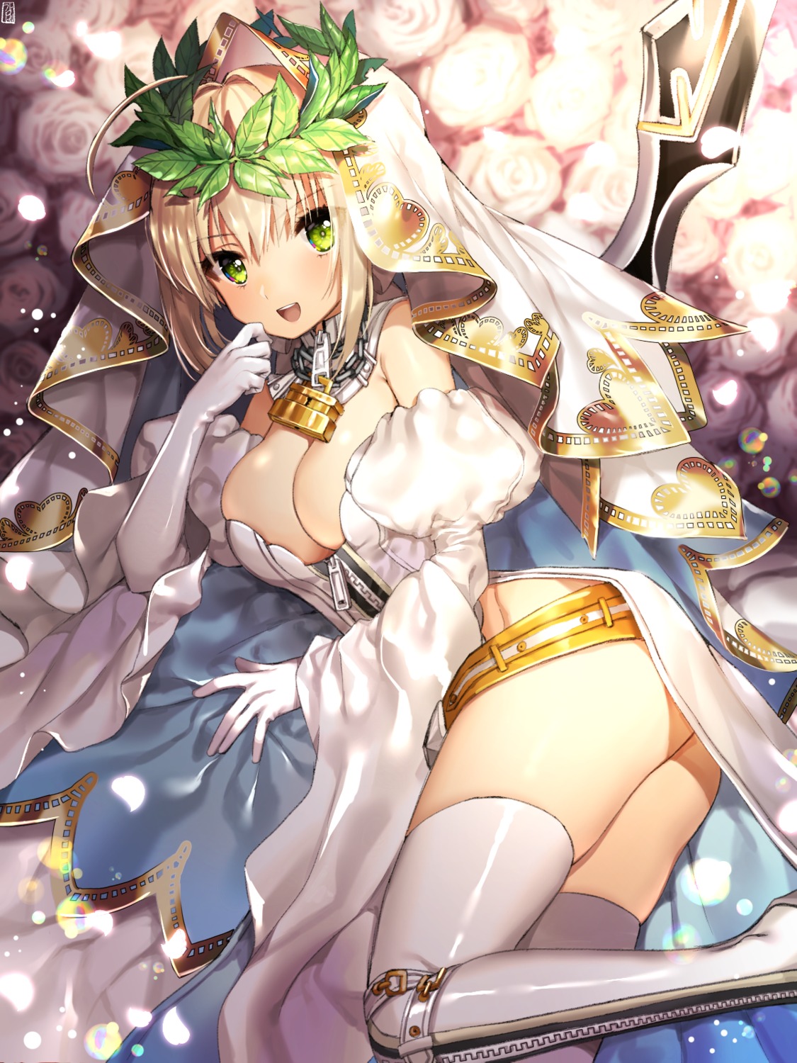 cleavage, fate/extra, fate/extra_ccc, fate/stay_night, gabe_(seelunto), nero_claudius_(fate), no_bra, open_shirt, thighhighs
