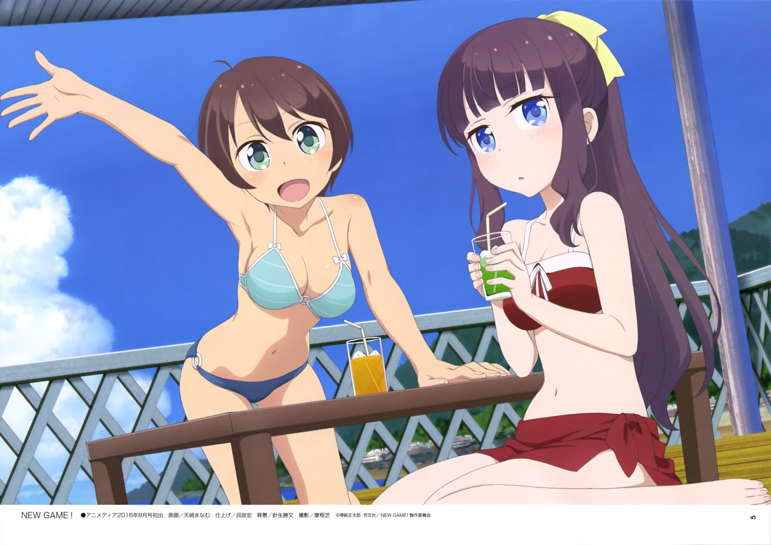 amasaki_manamu, bikini, cleavage, new_game!, shinoda_hajime, swimsuits, takimoto_hifumi