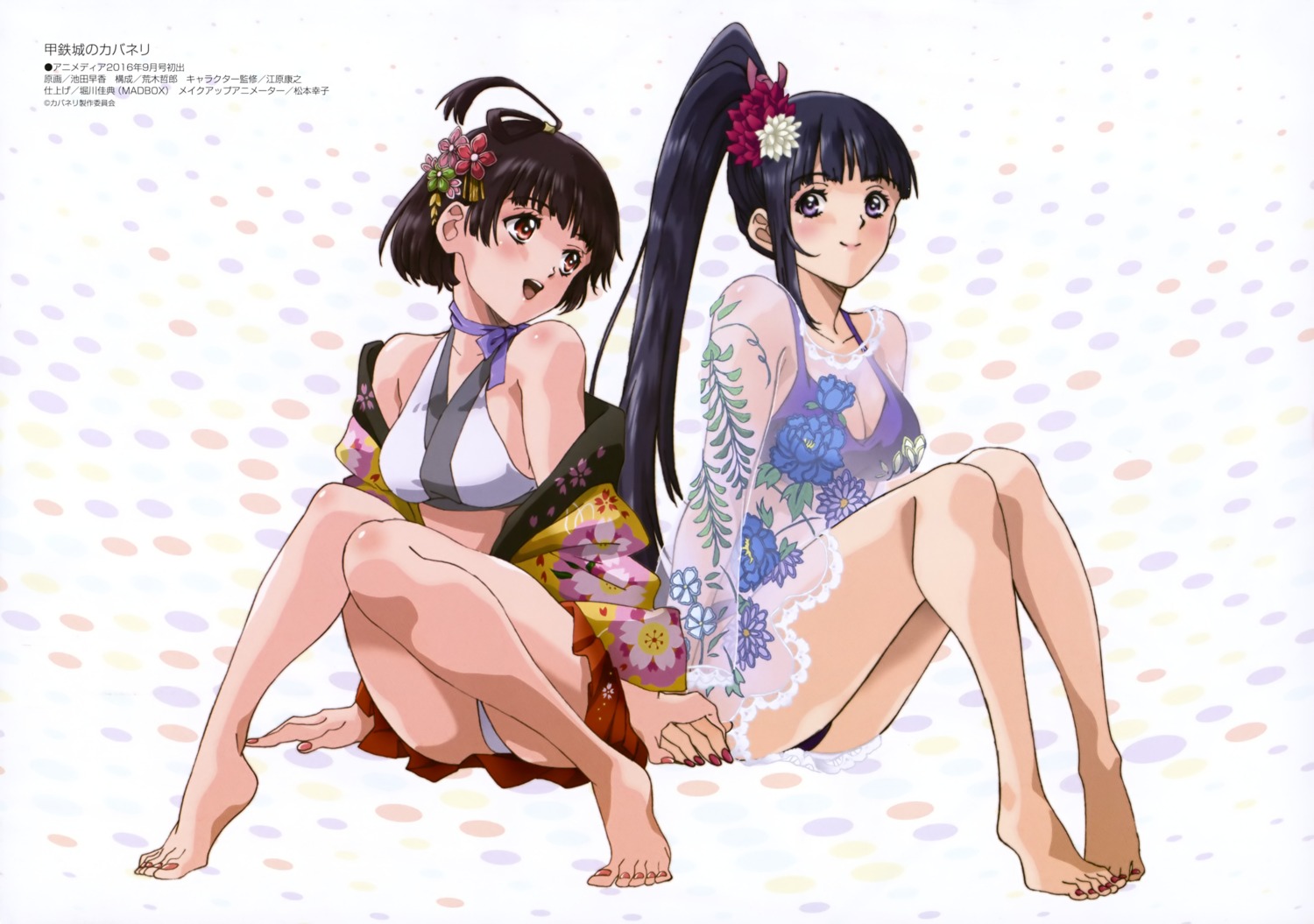 ayame_(kabaneri), bikini, cleavage, dress, ikeda_sayaka, japanese_clothes, koutetsujou_no_kabaneri, mumei, open_shirt, see_through, swimsuits