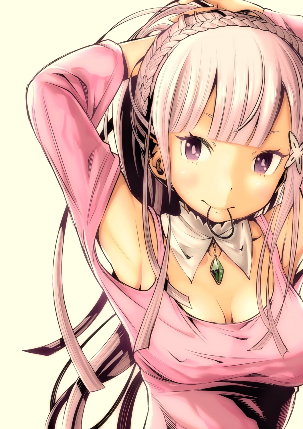 cleavage, elf, emilia_(re_zero), fukushima_masayasu, pointy_ears, re:zero_kara_hajimeru_isekai_seikatsu