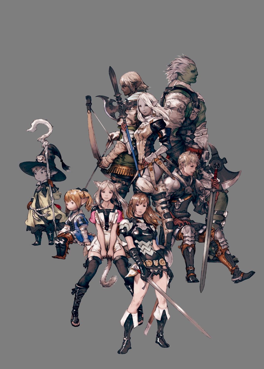 armor, dress, elezen, final_fantasy, final_fantasy_xiv, hyur, lalafell, miqo'te, pointy_ears, roegadyn, sword, thighhighs, transparent_png, weapon, yoshida_akihiko
