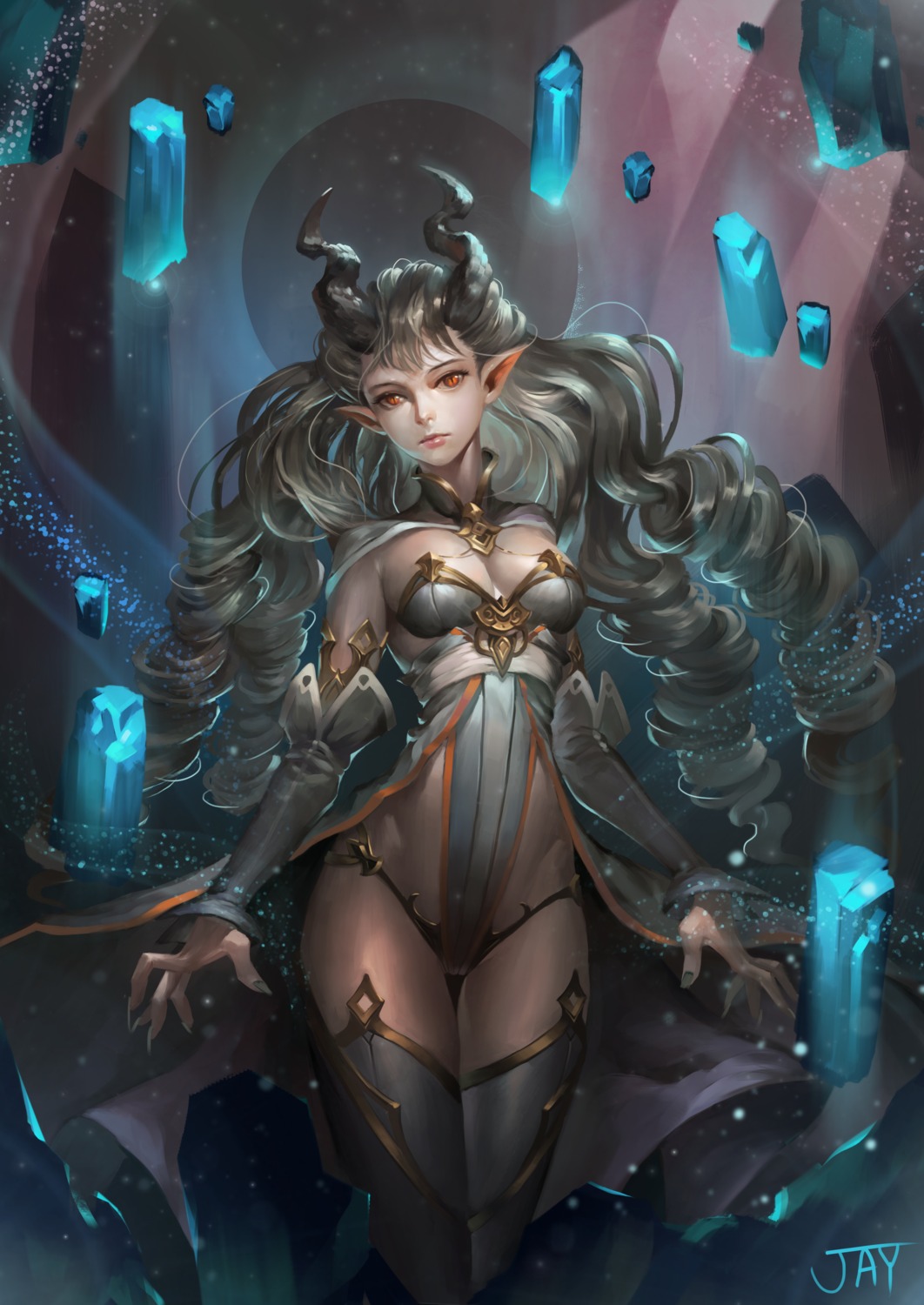 cleavage, horns, midfinger22, pantsu, pointy_ears, thighhighs