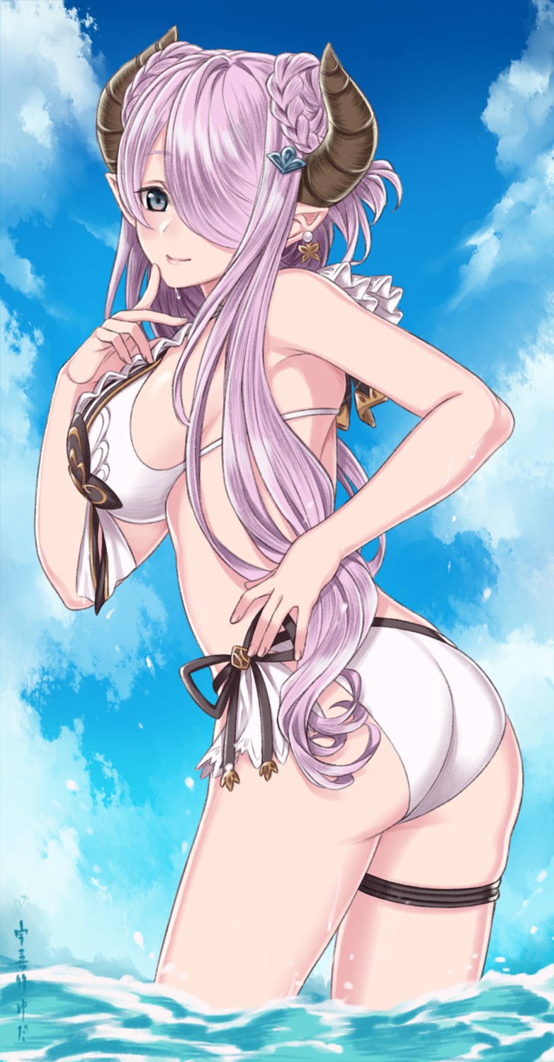 ass, bikini, garter, granblue_fantasy, horns, narumeia_(granblue_fantasy), pointy_ears, sora_yoshitake_yuda, swimsuits, wet