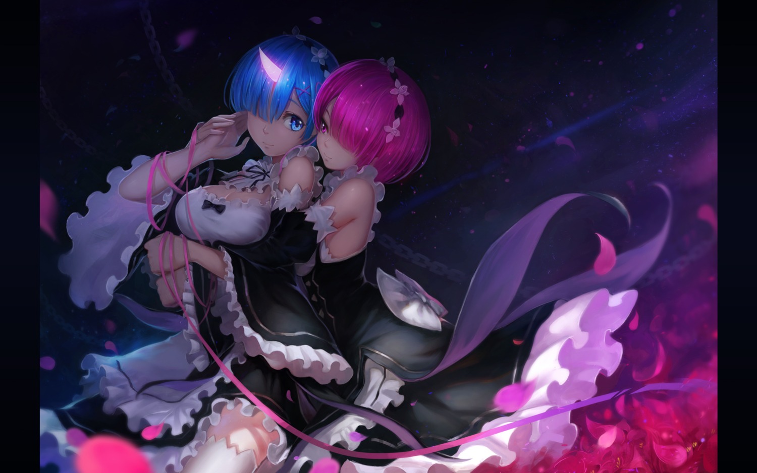 cleavage, horns, karasu_kame_ex, maid, ram_(re_zero), re:zero_kara_hajimeru_isekai_seikatsu, rem_(re_zero), thighhighs
