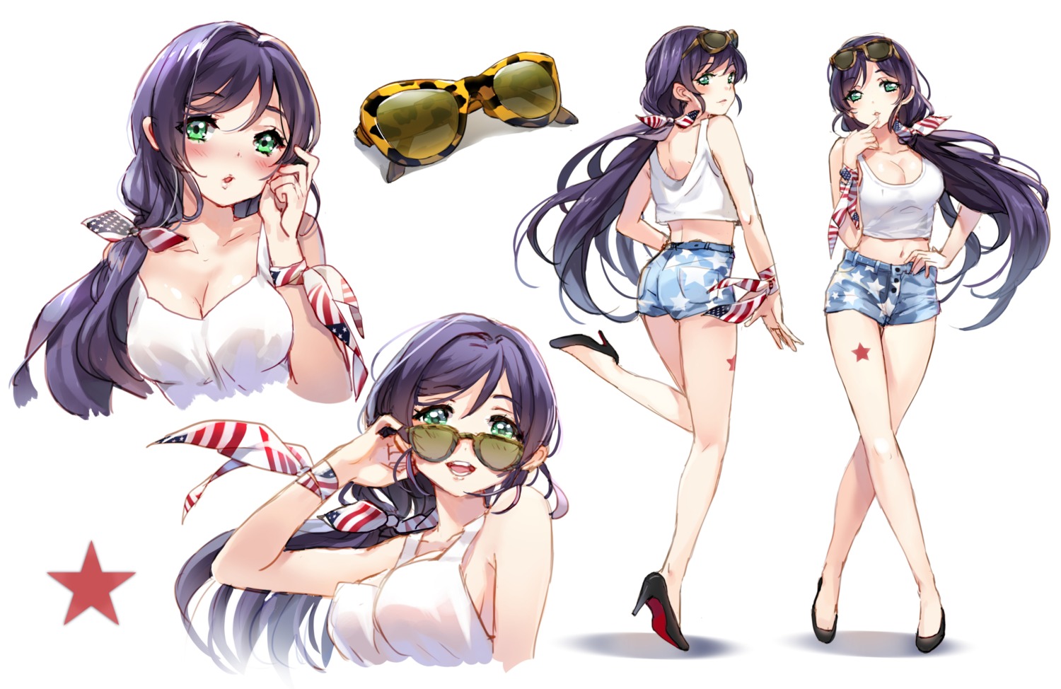 cleavage, heels, love_live!, love_live!_(series), megane, sheska_xue, tattoo, toujou_nozomi