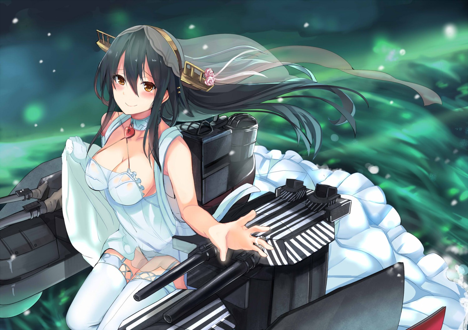 cleavage, dress, haik, haruna_(kancolle), kantai_collection, see_through, skirt_lift, stockings