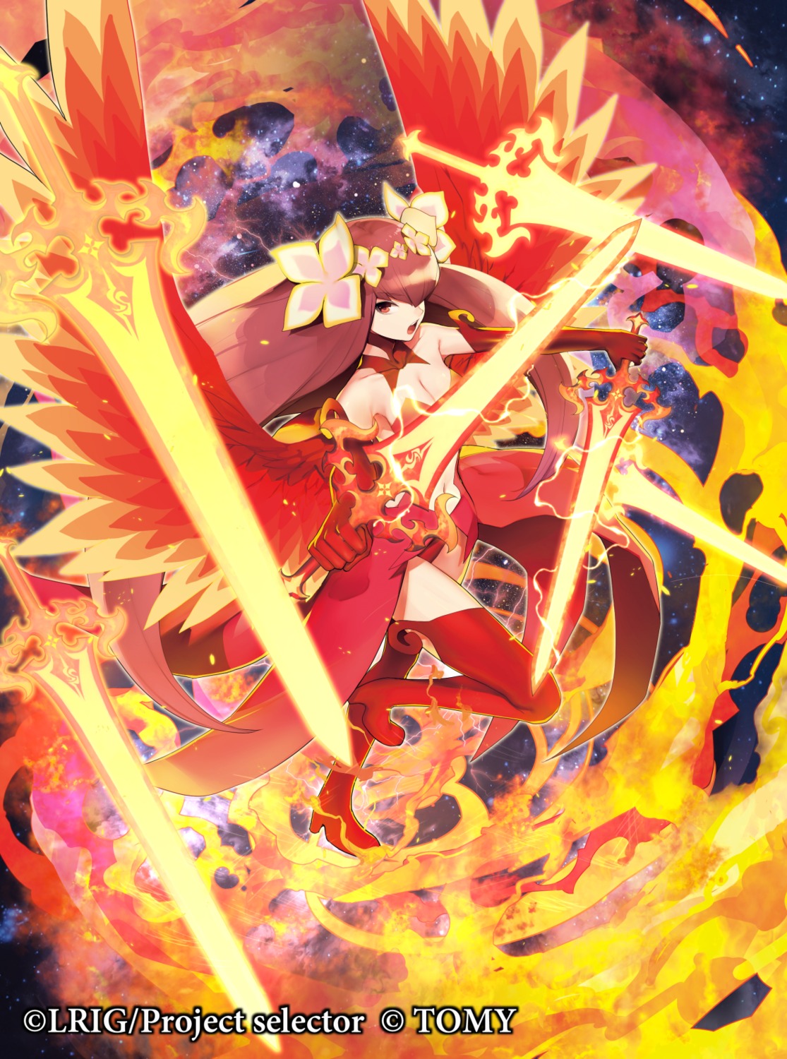 cleavage, hanayo_(siw), heels, hitoto, official_watermark, selector_infected_wixoss, sword, thighhighs, wings