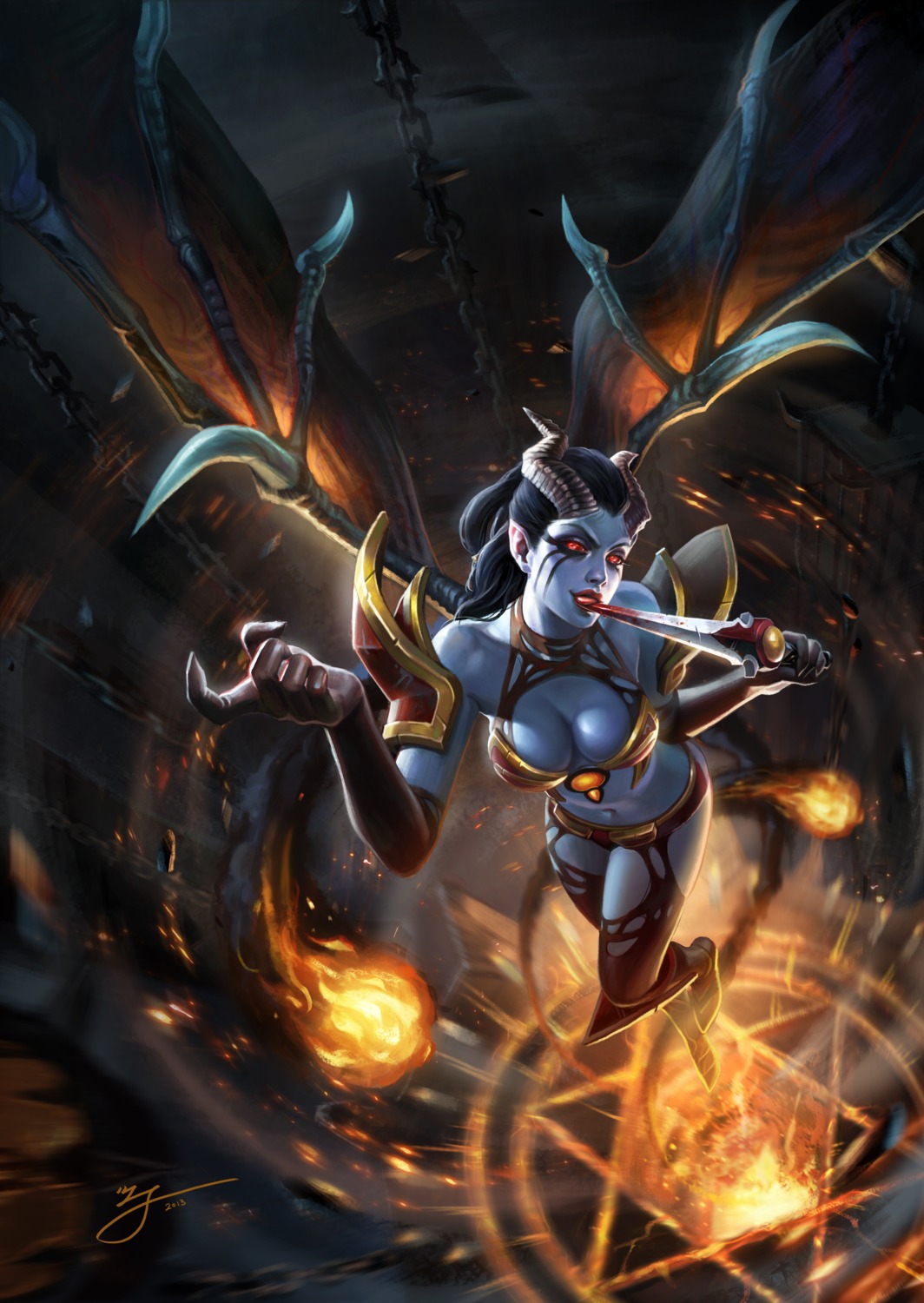 armor, bikini_armor, blood, cleavage, defense_of_the_ancients, horns, pointy_ears, tagme