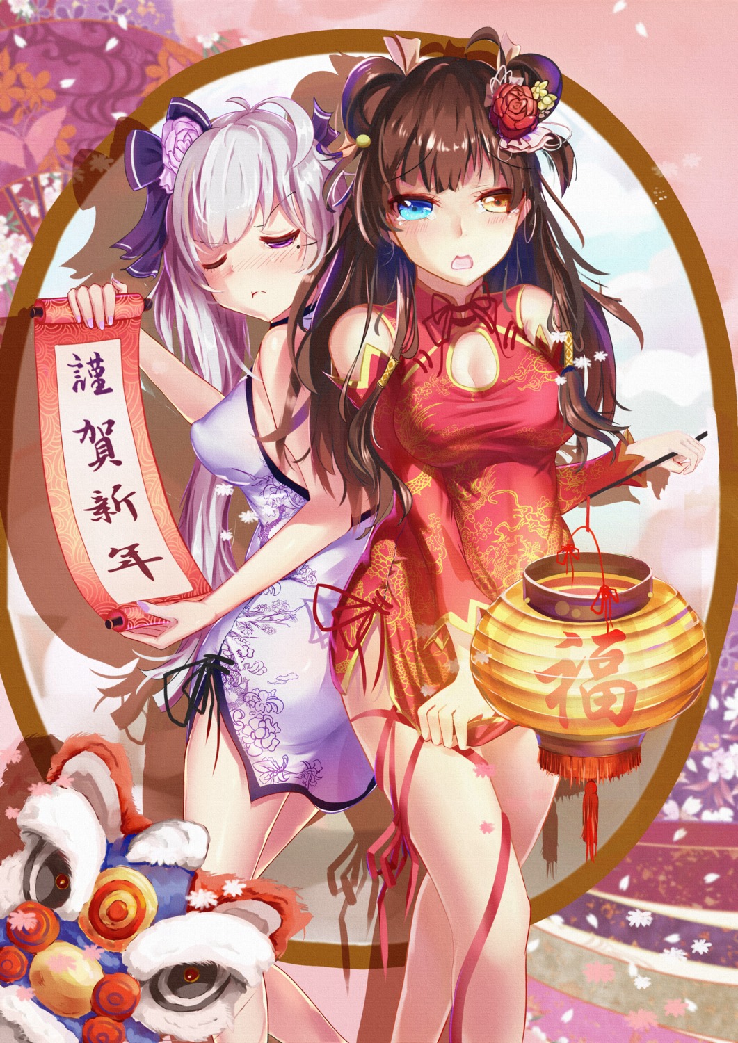 chinadress, cleavage, erect_nipples, heterochromia, roy_(pixiv12676578)