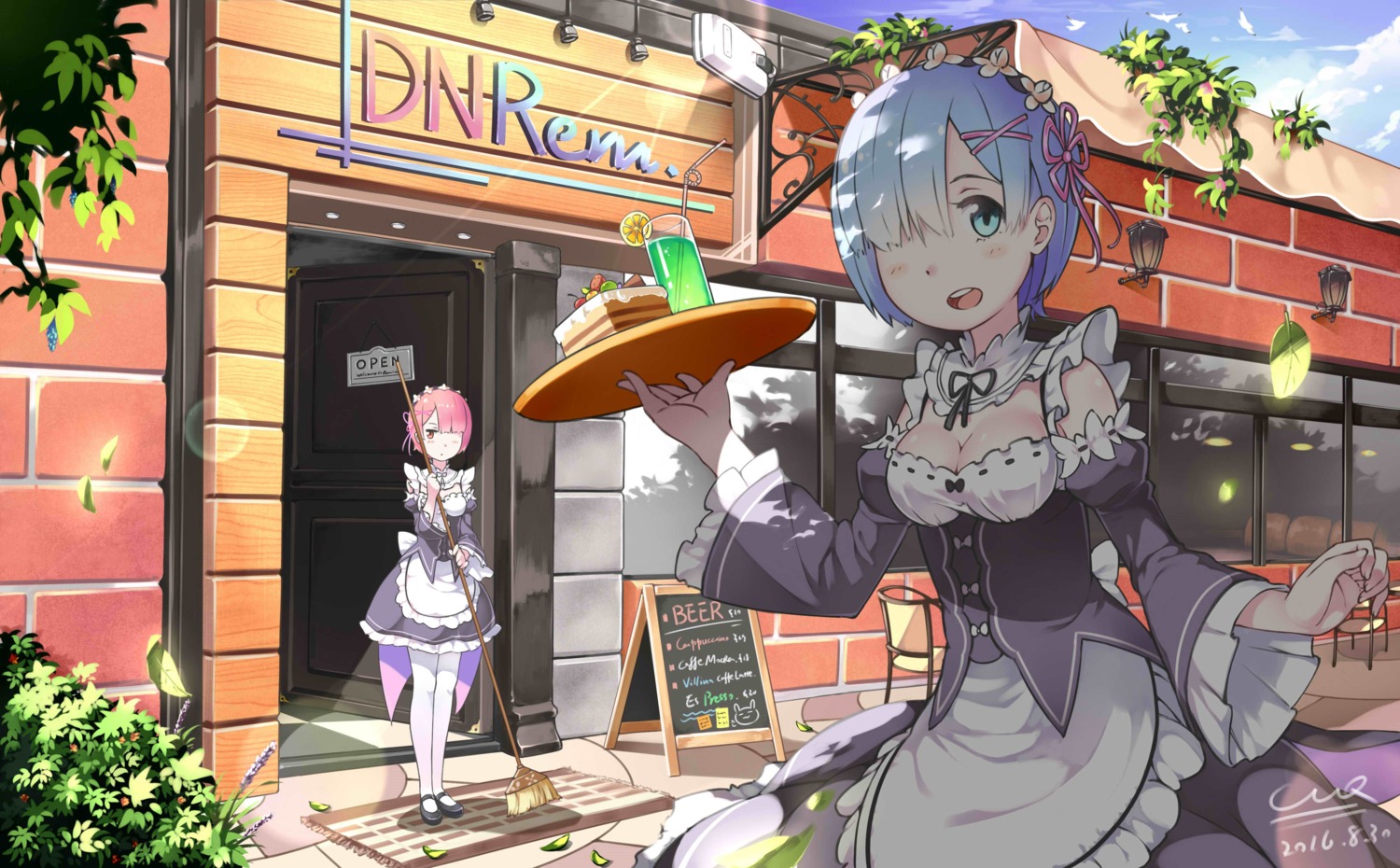 ccq, cleavage, maid, ram_(re_zero), re:zero_kara_hajimeru_isekai_seikatsu, rem_(re_zero), waitress