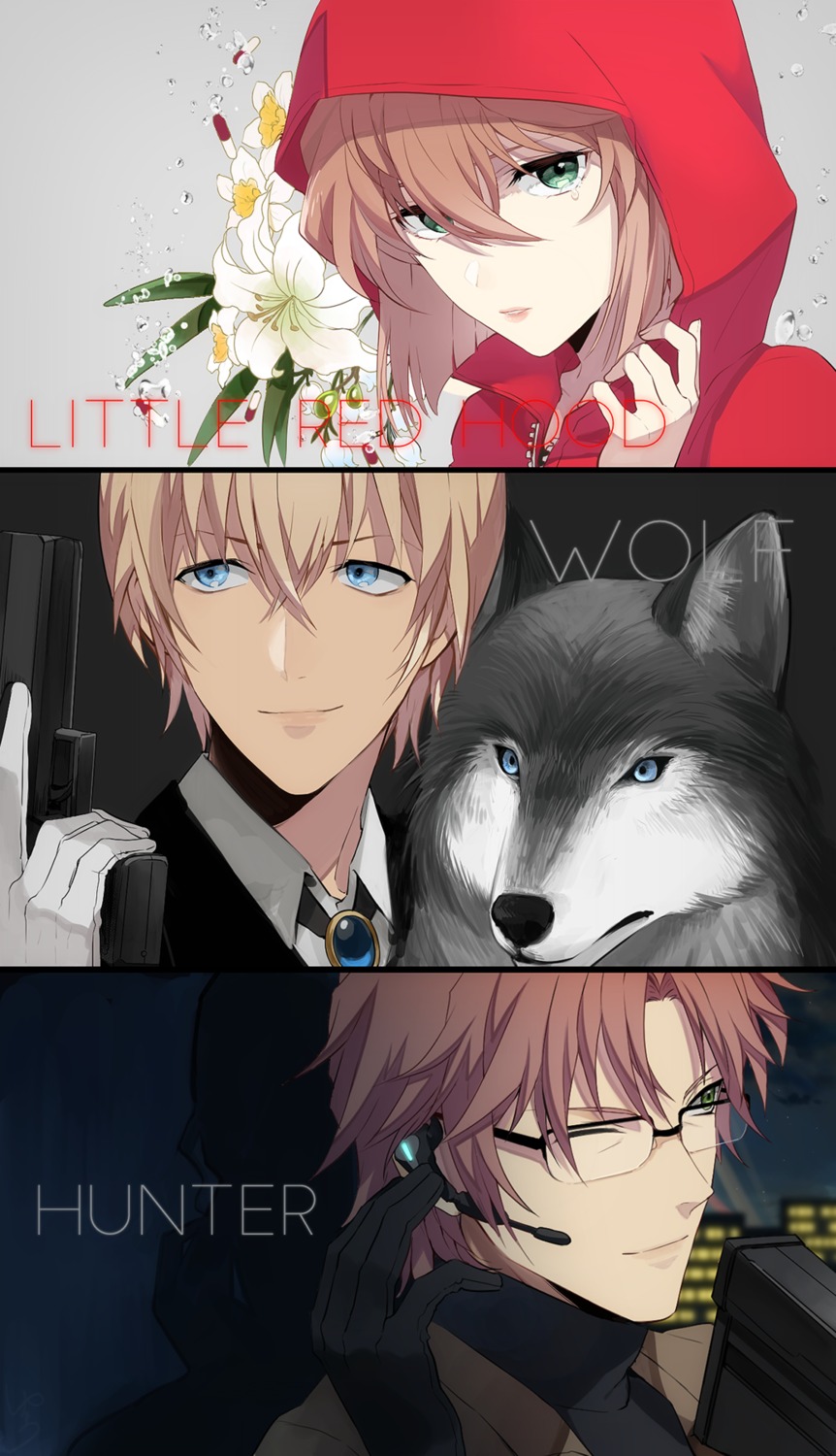 crossover, furuya_rei, gun, haibara_ai, little_red_riding_hood_(character), megane, meitantei_conan, nuku