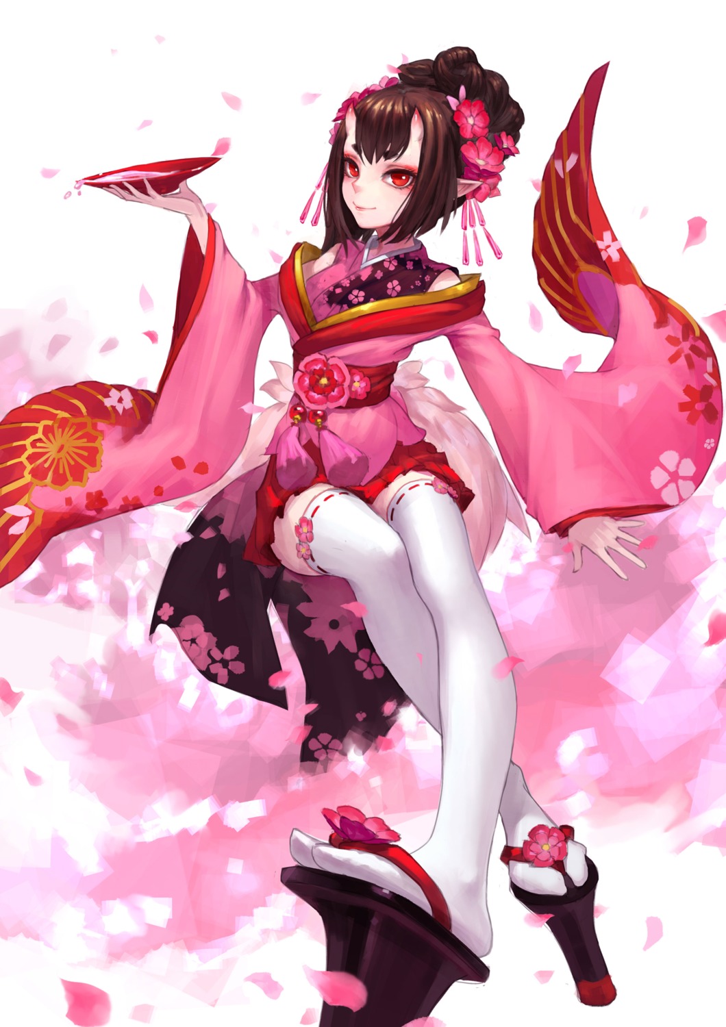 horns, kimono, momo_(onmyouji), onmyouji, pointy_ears, sake, thighhighs, zengxianxin