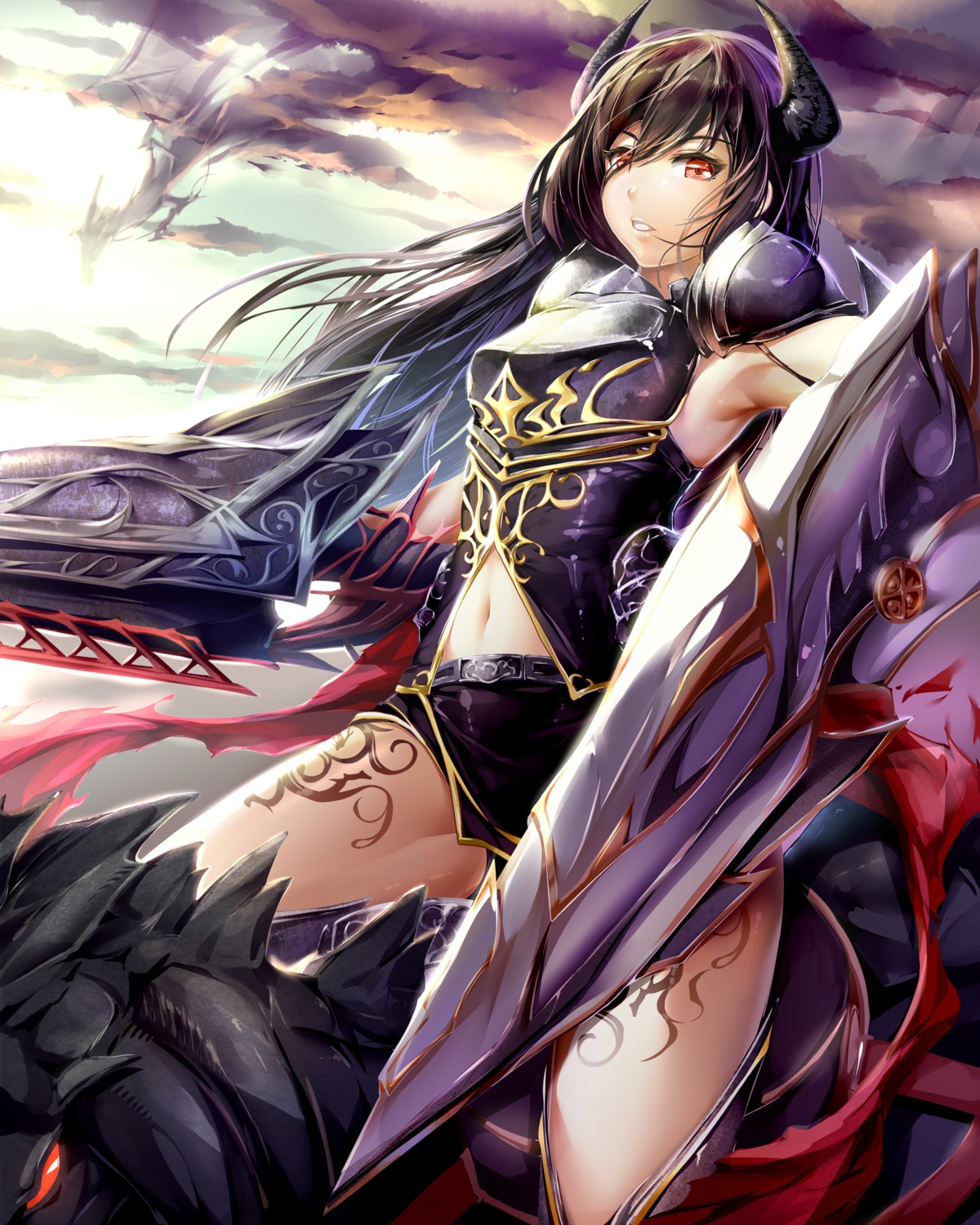 armor, forte_(shingeki_no_bahamut), granblue_fantasy, horns, shuffle_(songdatiankong), tattoo, weapon