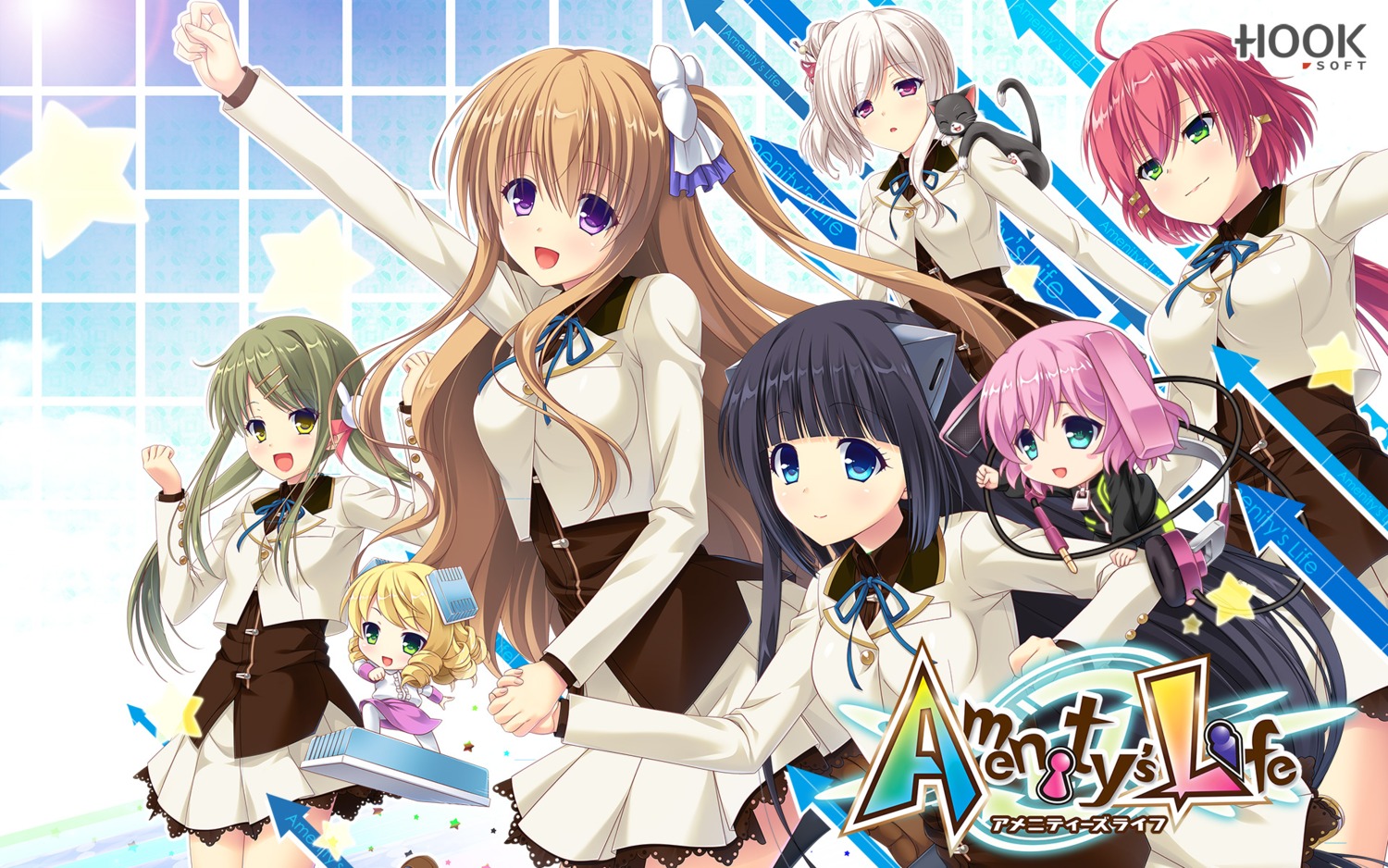 amenity's_life, chibi, headphones, hook, itano_kanade, kayama_naru, keshimi_(amenity's_life), maho_(amenity's_life), nagamine_mikuri, neko, nika_(amenity's_life), pantyhose, rinks, seifuku, toudou_miki, wallpaper