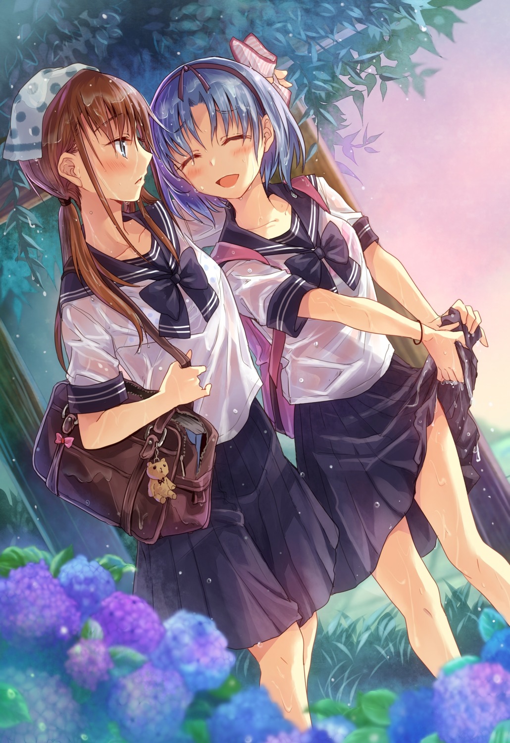 bra, nekozuki_yuki, see_through, seifuku, skirt_lift, wet, wet_clothes