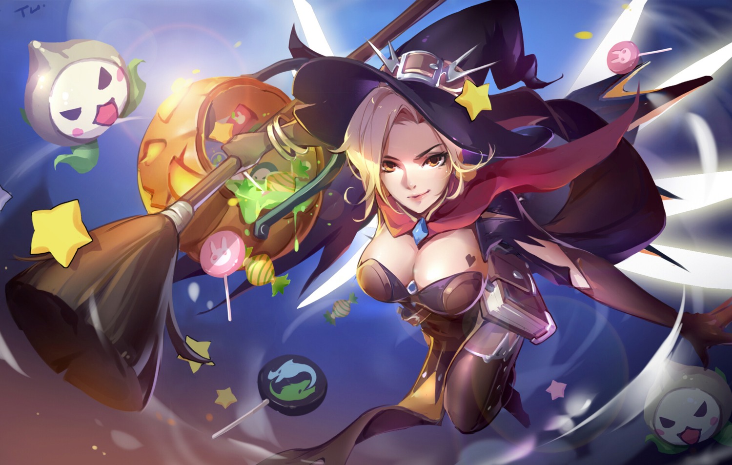 cleavage, halloween, mercy_(overwatch), overwatch, thighhighs, tracyton, wings, witch