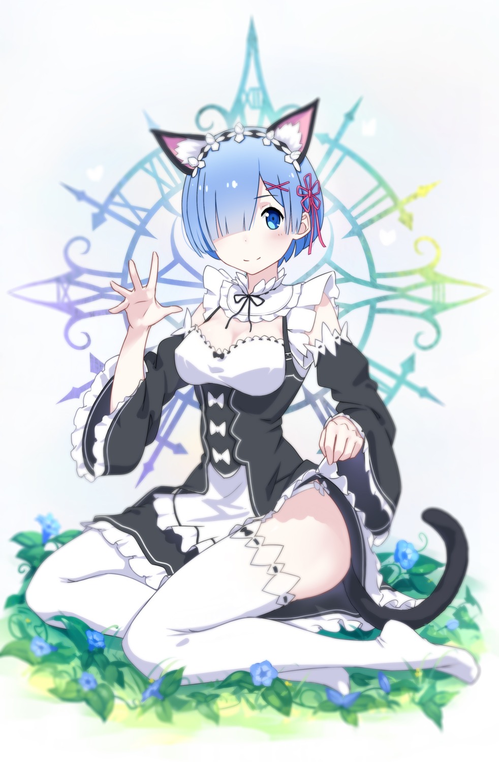 animal_ears, cleavage, maid, nekomimi, pantsu, re:zero_kara_hajimeru_isekai_seikatsu, rem_(re_zero), skirt_lift, tail, thighhighs, worst_(am-worst)