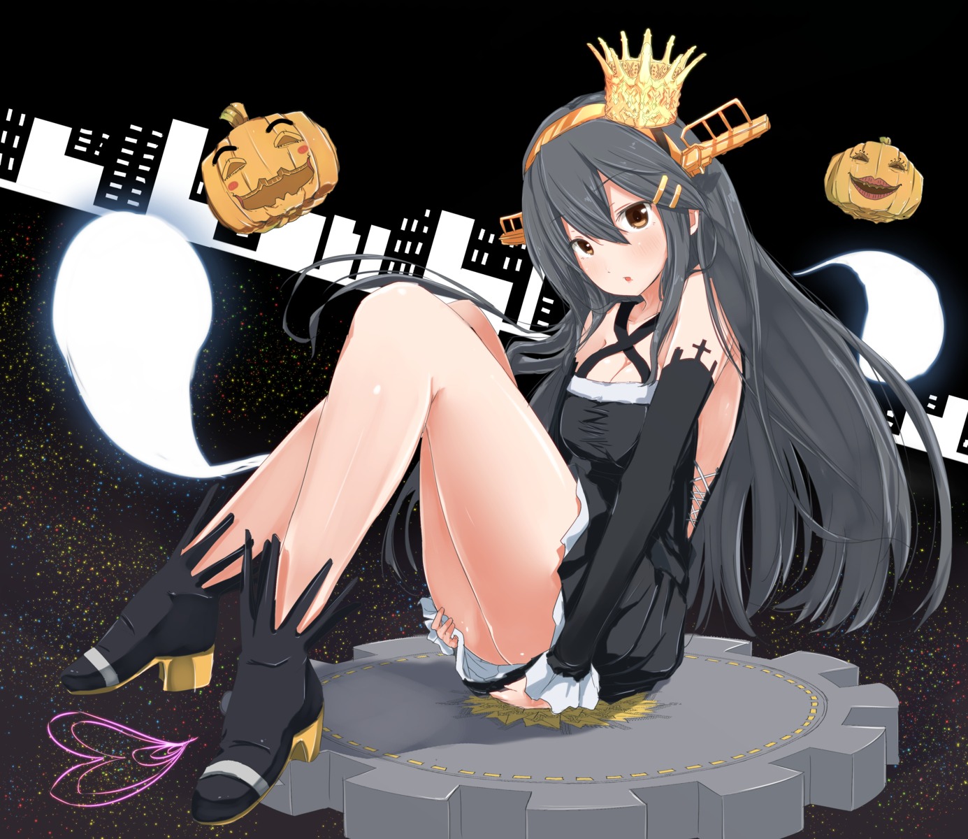 ame-rain, cleavage, halloween, haruna_(kancolle), heels, kantai_collection, nopan