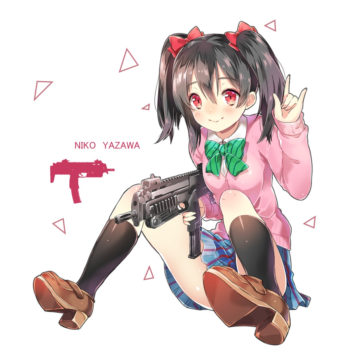 chitetan, gun, heels, love_live!, love_live!_(series), seifuku, sweater, yazawa_nico