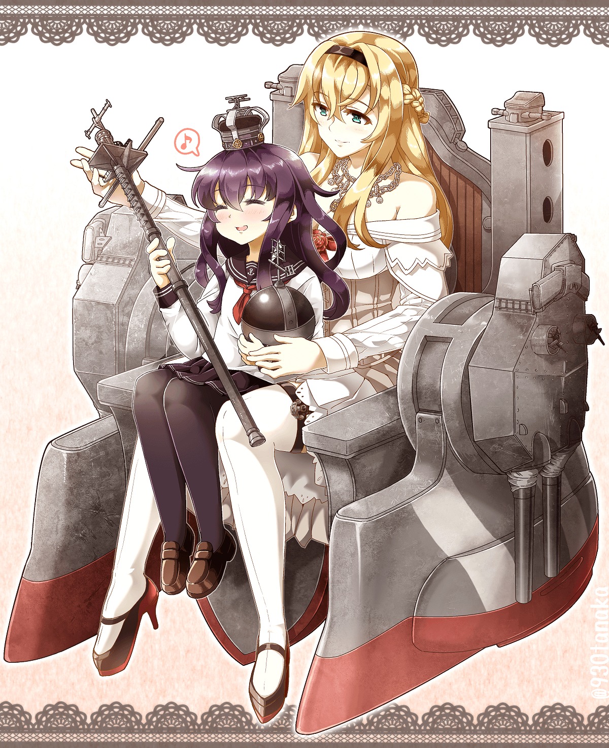 akatsuki_(kancolle), dress, heels, kantai_collection, pantyhose, seifuku, tanaka_kusao, thighhighs, warspite_(kancolle)