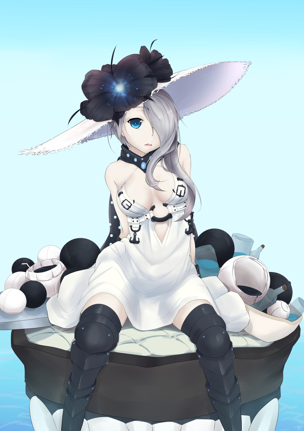 cleavage, dress, kantai_collection, no_bra, scwibbles, seaport_summer_hime, thighhighs