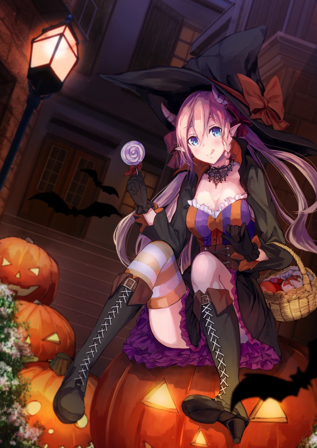 cleavage, dress, halloween, heels, horns, konkito, pointy_ears, thighhighs