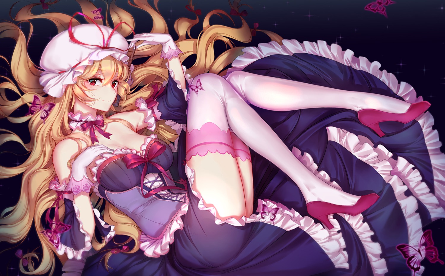 cleavage, dress, heels, thighhighs, touhou, wu, yakumo_yukari