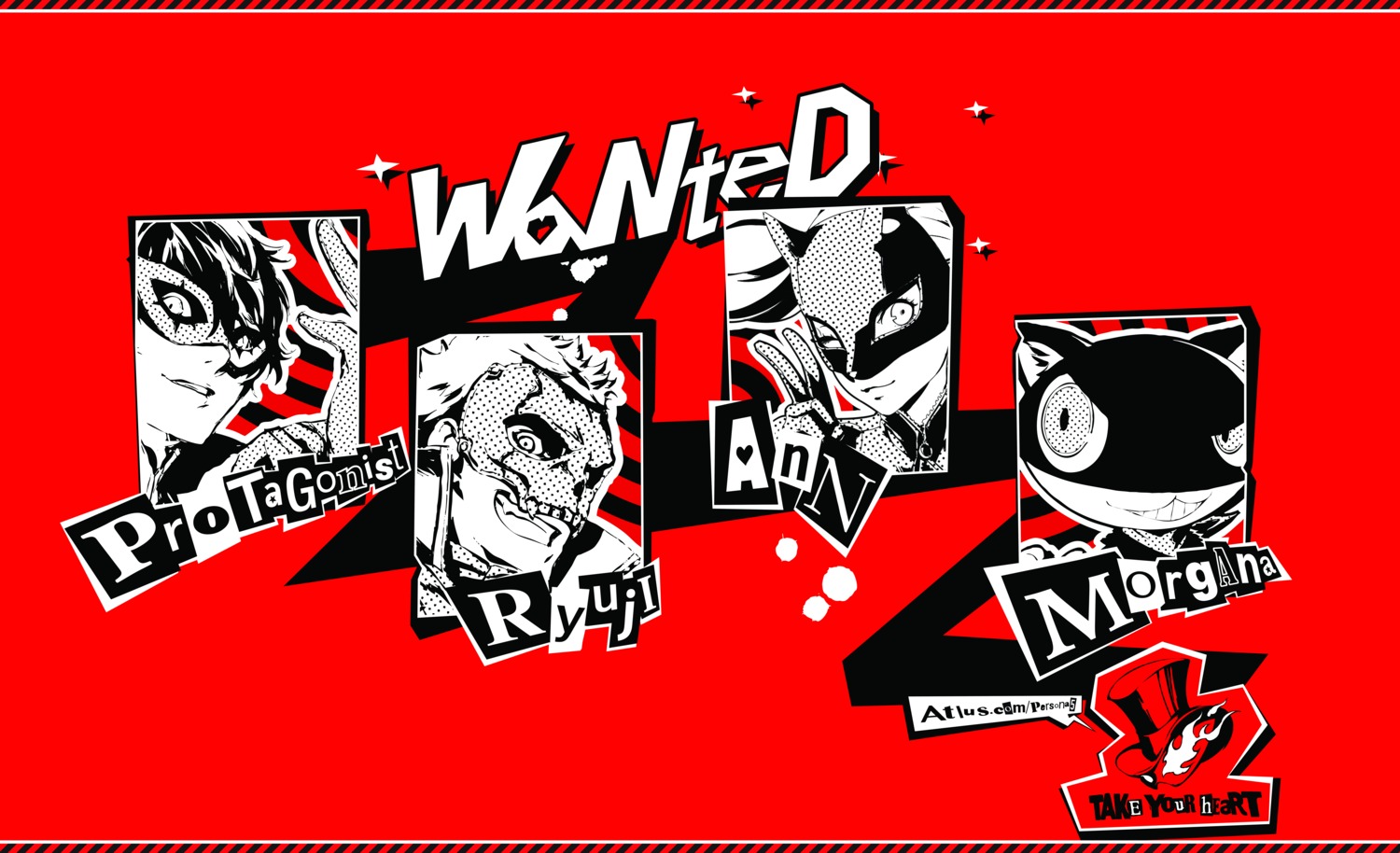 amamiya_ren, morgana_(persona_5), persona_5, sakamoto_ryuuji, soejima_shigenori, takamaki_anne, wallpaper