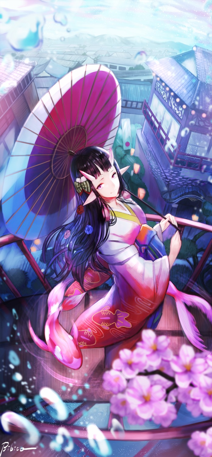 bibiko, horns, kimono, pointy_ears, umbrella
