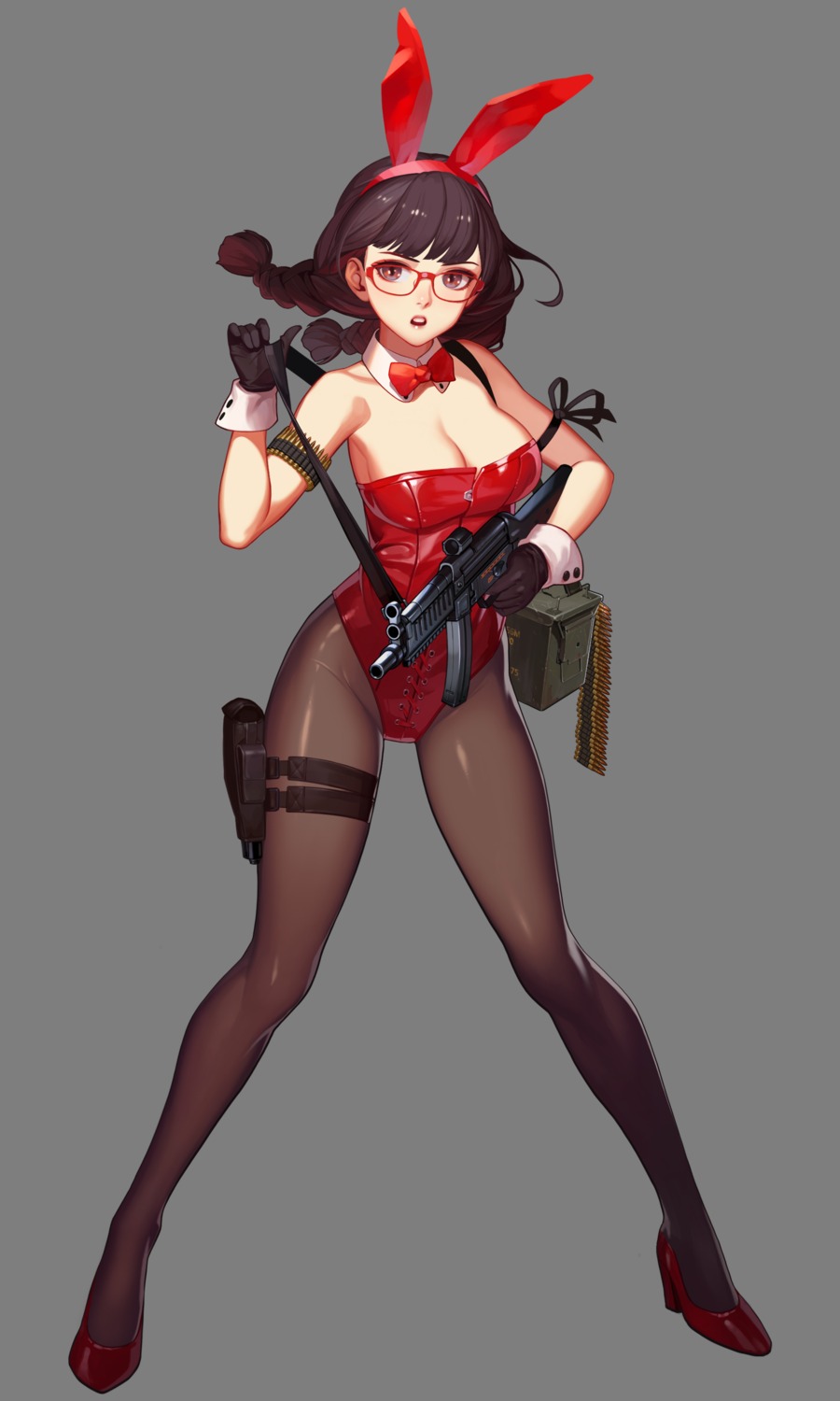 animal_ears, aya_(black_survival), black_survival, bunny_ears, bunny_girl, cleavage, gun, heels, megane, one_touch, pantyhose, suzuki_aya, transparent_png
