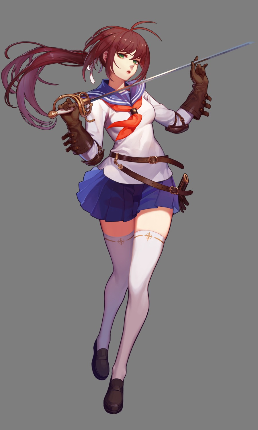 black_survival, fiora_pellerin, one_touch, seifuku, sword, thighhighs, transparent_png