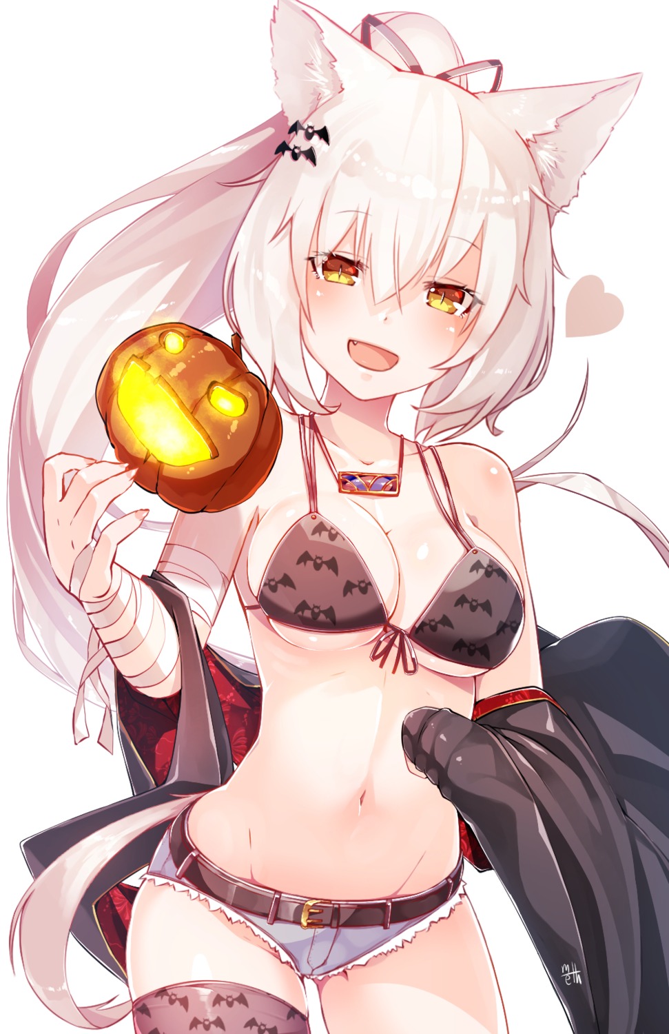 animal_ears, bandages, bikini_top, cleavage, halloween, open_shirt, sasame_meto, swimsuits, tail, thighhighs, underboob