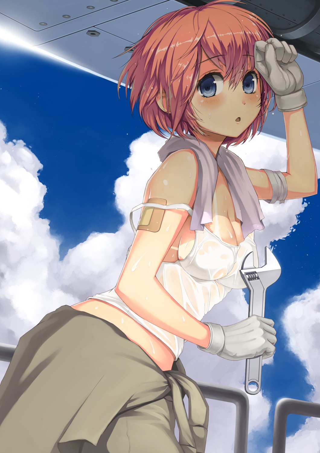 bandages, bandaid, cleavage, jchoy, no_bra, see_through, tan_lines, wet_clothes