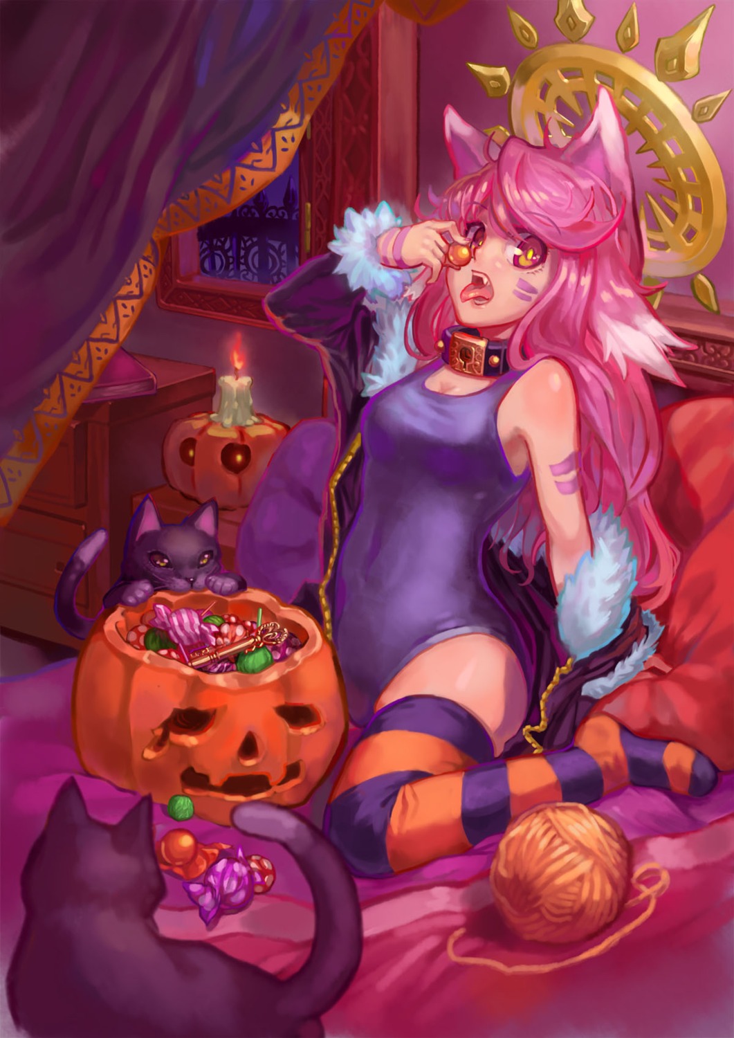 animal_ears, cleavage, halloween, hei_niao, neko, school_swimsuit, swimsuits, thighhighs
