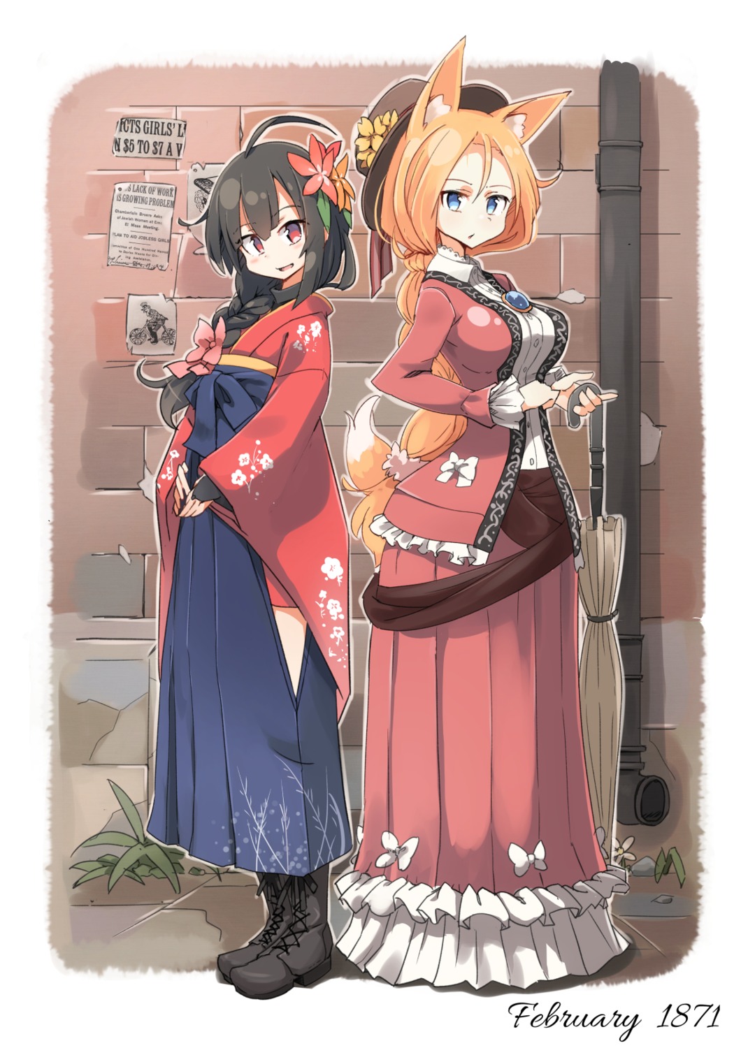 animal_ears, dress, japanese_clothes, senhappyaku, tail, umbrella