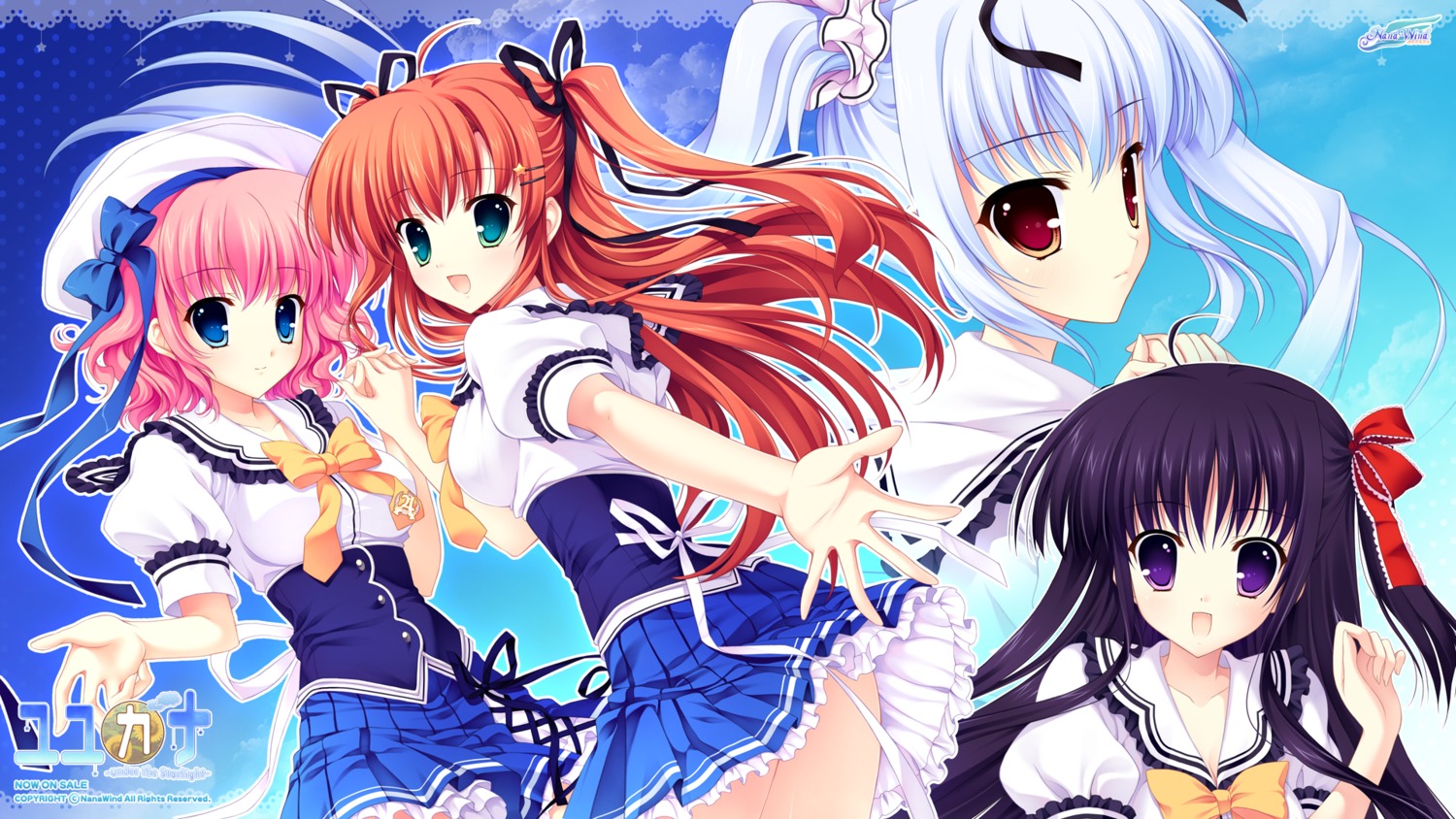 himezono_risa, kusunoki_kukune, mitha, nanawind, seifuku, takasaki_honoka, thighhighs, wallpaper