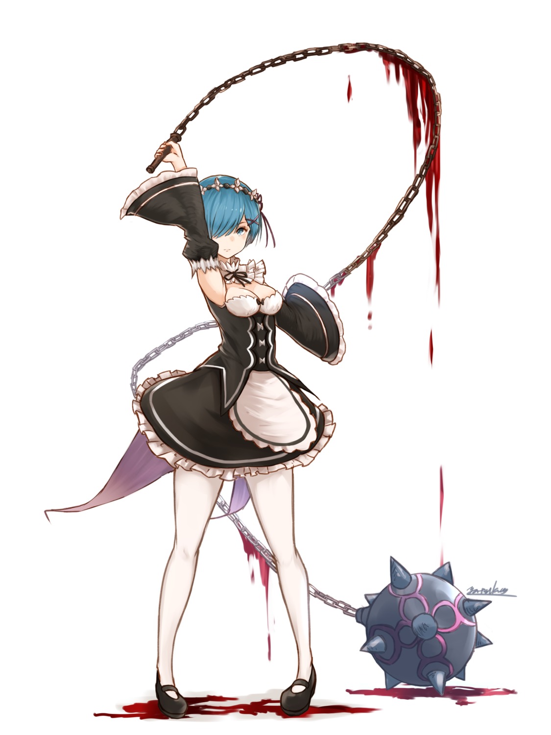 blood, cleavage, maid, pantyhose, re:zero_kara_hajimeru_isekai_seikatsu, rem_(re_zero), weapon, yatsuka_(846)