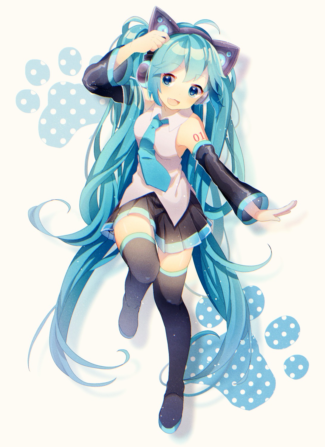 animal_ears, hatsune_miku, headphones, nekomimi, tattoo, thighhighs, uiyuzo, vocaloid