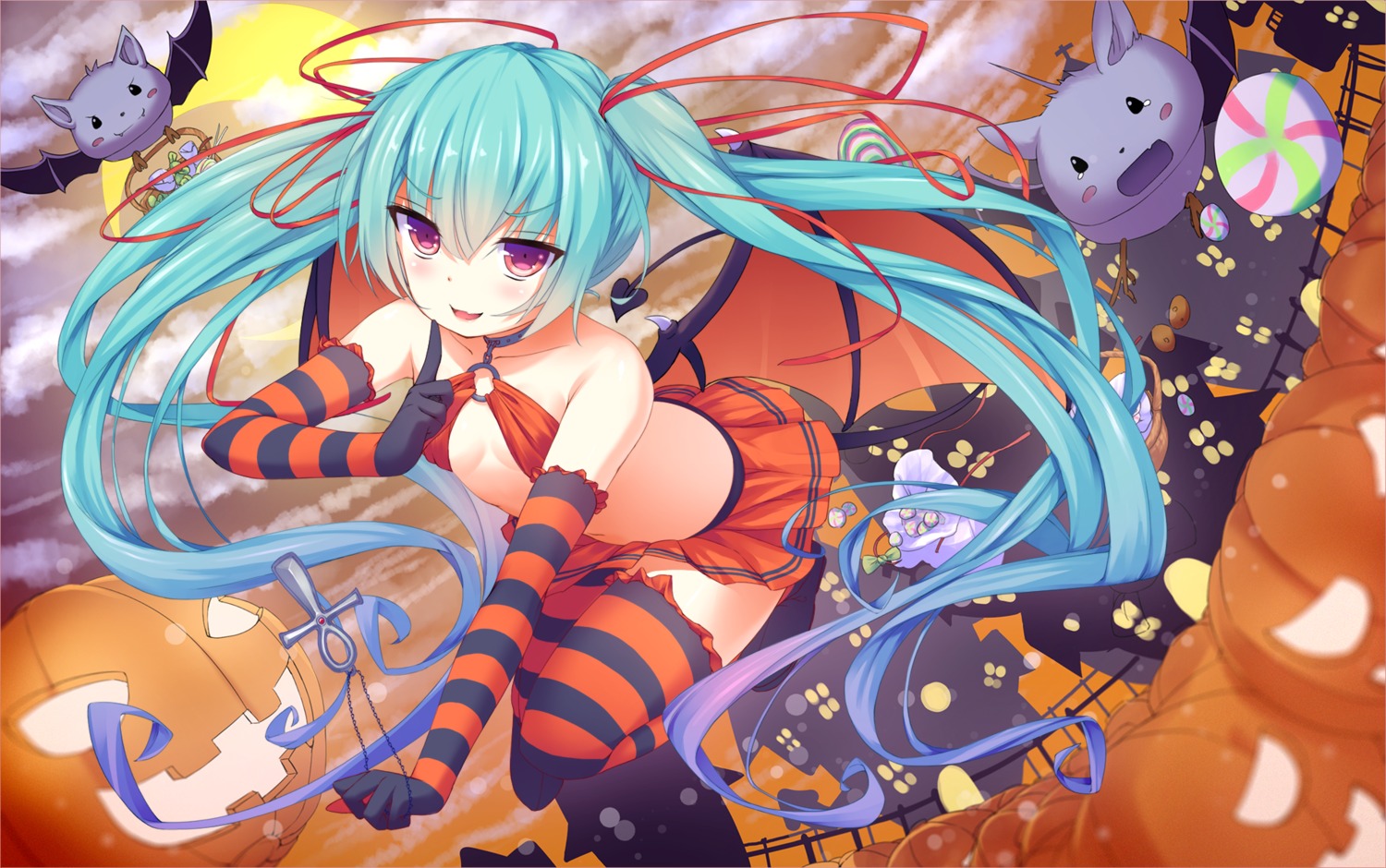 cleavage, halloween, hatsune_miku, no_bra, papino, tail, thighhighs, vocaloid, wings