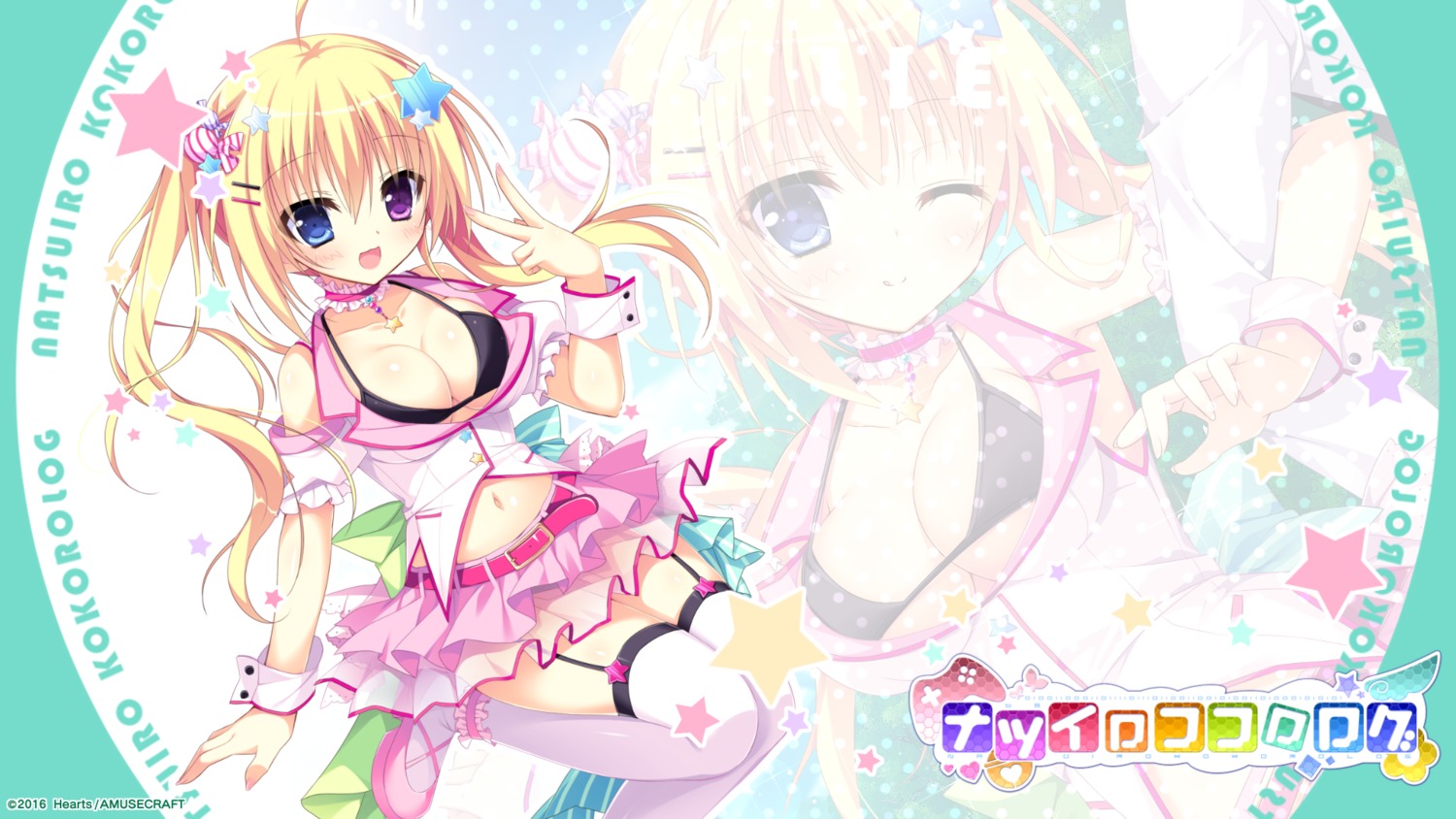 bikini_top, cleavage, hearts, heterochromia, nanakuni_kotone, natsuiro_kokoro_log, open_shirt, see_through