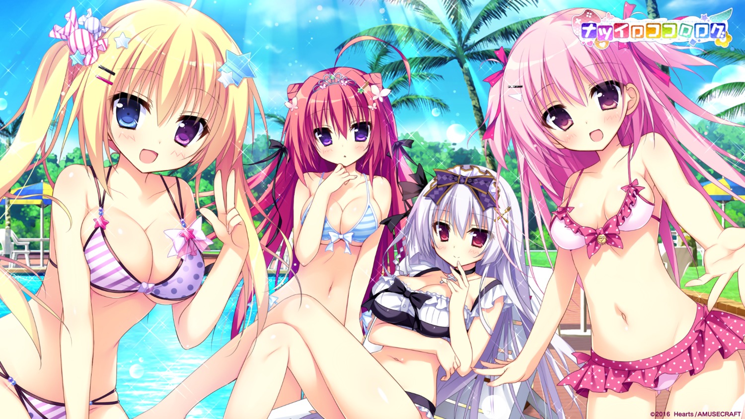 bikini, breast_hold, cleavage, hearts, heterochromia, nagi_kisara, nanakuni_kotone, natsuiro_kokoro_log, ominae_rin, shiromochi_sakura, swimsuits, tokiwa_kuon, underboob, wallpaper