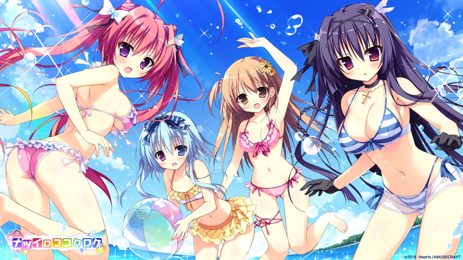 ass, bikini, cleavage, hearts, heterochromia, nagi_kisara, nanakuni_kotone, natsuiro_kokoro_log, ominae_rin, see_through, shiromochi_sakura, swimsuits, tokiwa_kuon, underboob, wallpaper
