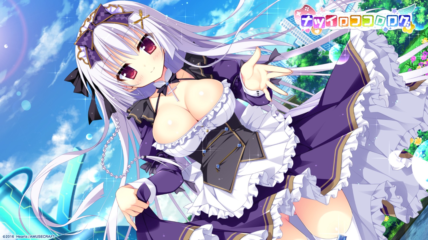 cleavage, hearts, maid, nagi_kisara, natsuiro_kokoro_log, shiromochi_sakura, skirt_lift, thighhighs